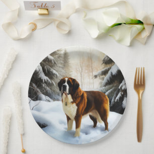 Saint Bernard Let It Snow Christmas Paper Plate