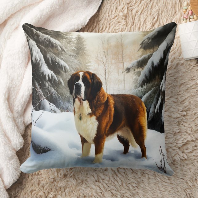 Saint Bernard Let It Snow Christmas Throw Pillow (Blanket)