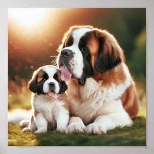 Saint Bernard mom and her puppy Poster