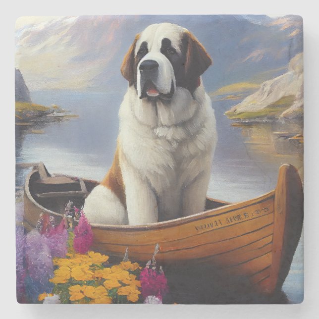 Saint Bernard on a Paddle: A Scenic Adventure Stone Coaster (Front)