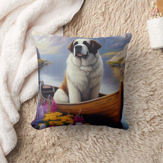 Saint Bernard on a Paddle: A Scenic Adventure Throw Pillow (Blanket)