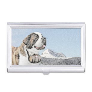Saint Bernard Painting - Cute Original Dog Art Business Card Holder