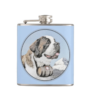 Saint Bernard Painting - Cute Original Dog Art Hip Flask