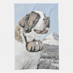 Saint Bernard Painting - Cute Original Dog Art Kitchen Towel