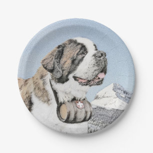 Saint Bernard Painting - Cute Original Dog Art Paper Plate