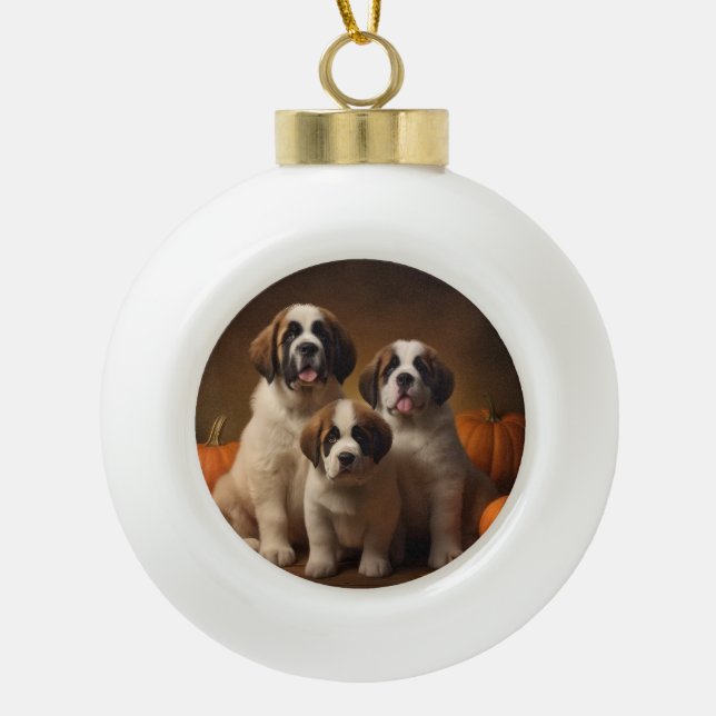 Saint Bernard Puppy Autumn Delight Pumpkin Ceramic Ball Christmas Ornament (Front)