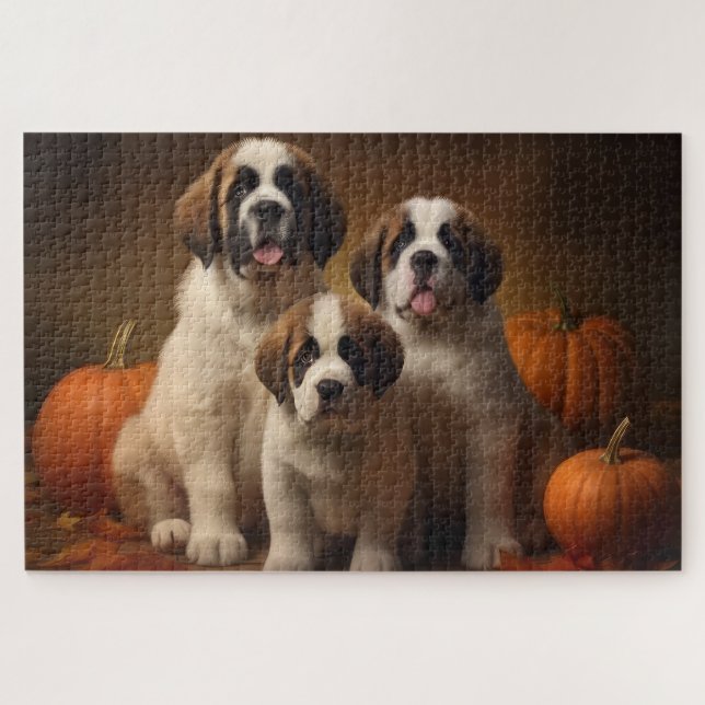 Saint Bernard Puppy Autumn Delight Pumpkin Jigsaw Puzzle (Horizontal)