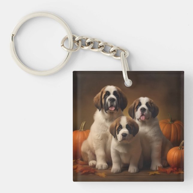 Saint Bernard Puppy Autumn Delight Pumpkin Keychain (Front)