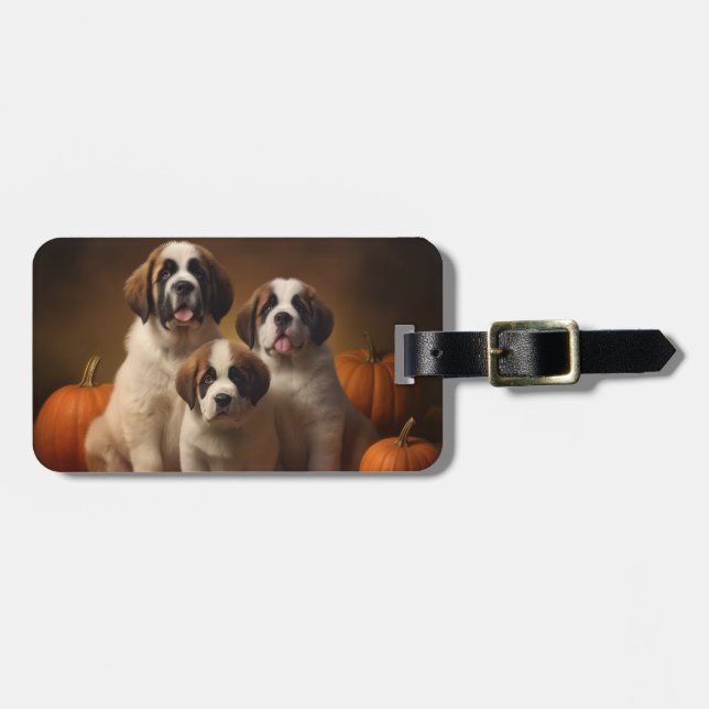 Saint Bernard Puppy Autumn Delight Pumpkin Luggage Tag (Front Horizontal)