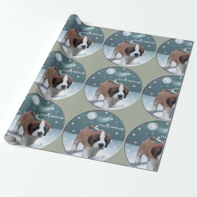 Saint Bernard Puppy Christmas Wrapping Paper (Unrolled)