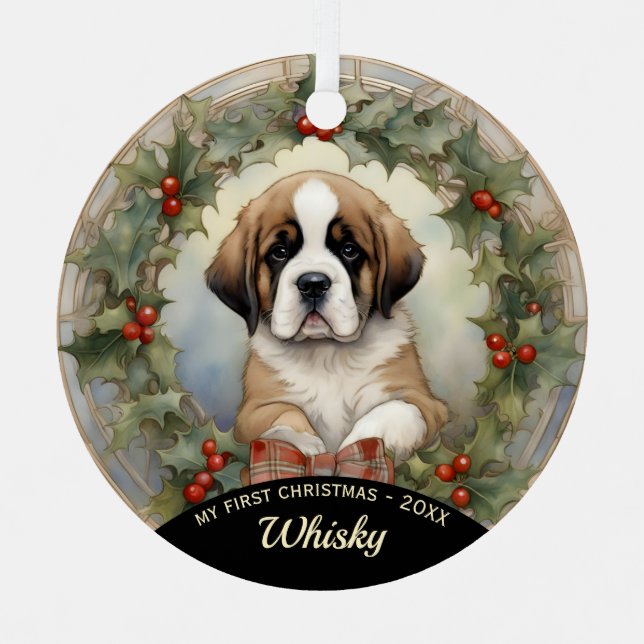 Saint Bernard Puppy's First Christmas Ornament (Front)