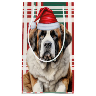 Saint Bernard Santa Dog Holiday Plaid Christmas Small Gift Bag