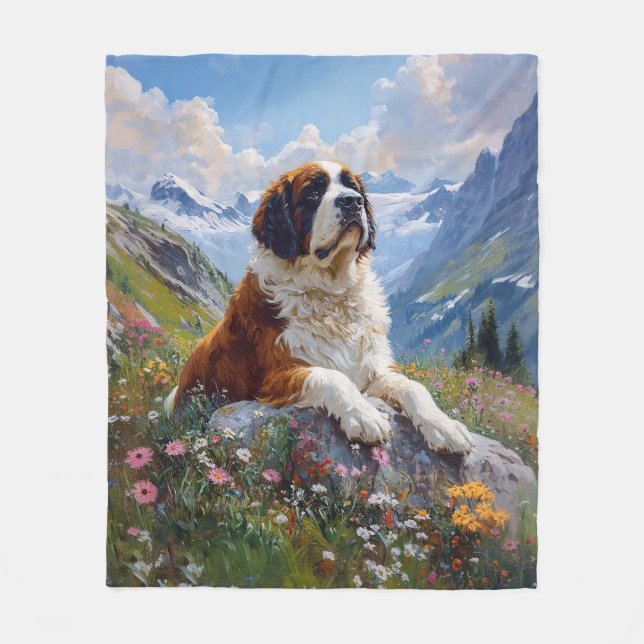 Saint Bernard Scenic Wildflower Field Fleece Blanket (Front)
