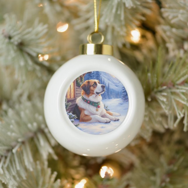 Saint Bernard Snowy Mountain Lodge Christmas Dog Ceramic Ball Christmas Ornament (Tree)