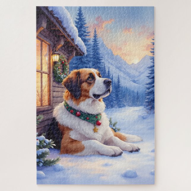 Saint Bernard Snowy Mountain Lodge Christmas Dog Jigsaw Puzzle (Vertical)