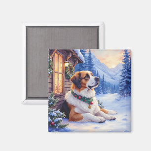 Saint Bernard Snowy Mountain Lodge Christmas Dog Magnet