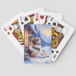 Saint Bernard Snowy Mountain Lodge Christmas Dog Playing Cards