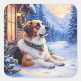 Saint Bernard Snowy Mountain Lodge Christmas Dog Square Sticker