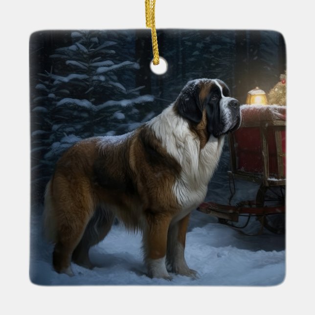 Saint Bernard Snowy Sleigh Christmas Decor Ceramic Ornament (Front)