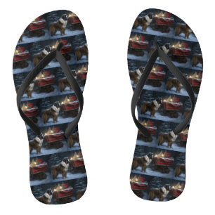Saint Bernard Snowy Sleigh Christmas Decor Flip Flops