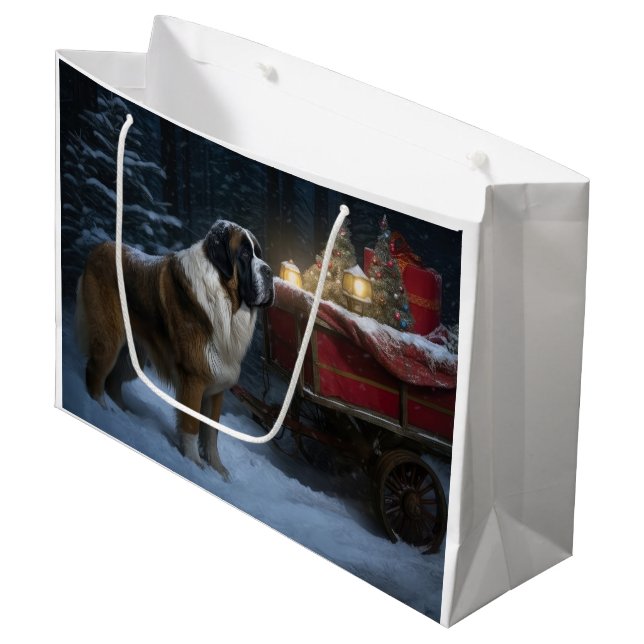 Saint Bernard Snowy Sleigh Christmas Decor Large Gift Bag (Front Angled)