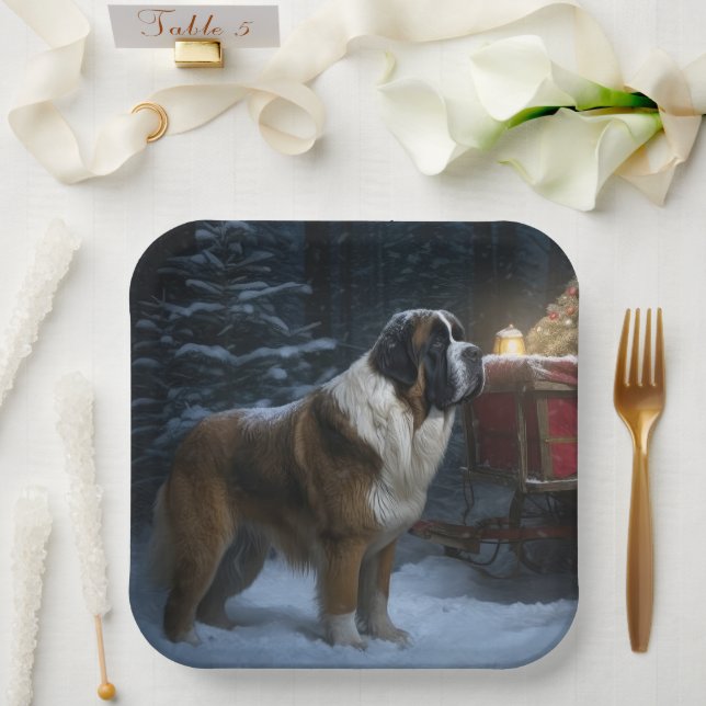 Saint Bernard Snowy Sleigh Christmas Decor Paper Plate (Wedding)