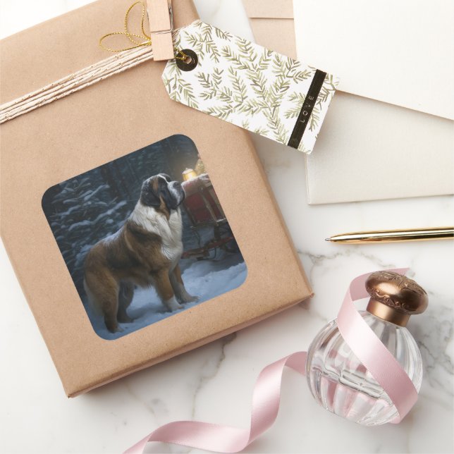 Saint Bernard Snowy Sleigh Christmas Decor Square Sticker (Gifting)