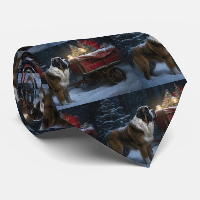 Saint Bernard Snowy Sleigh Christmas Decor Tie (Rolled)