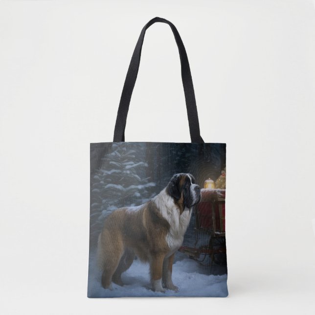 Saint Bernard Snowy Sleigh Christmas Decor Tote Bag (Front)