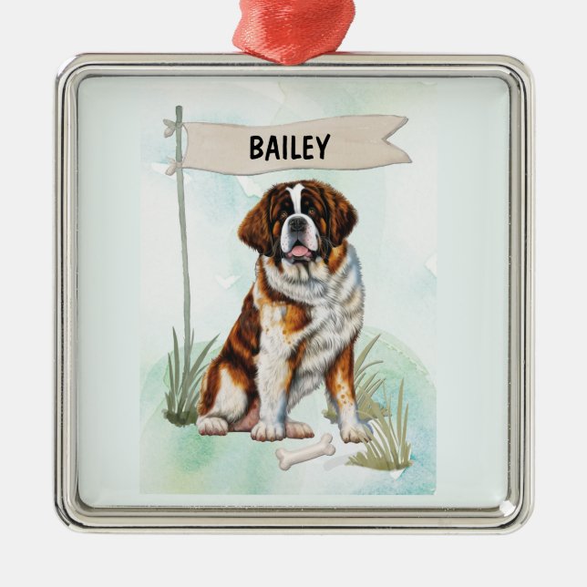 Saint Bernard Watercolor Personalized Dog Metal Ornament (Front)