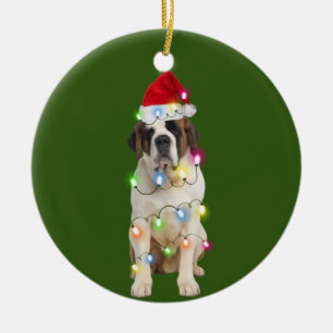 Saint Bernard With Christmas Scafts Santa Ceramic Ornament