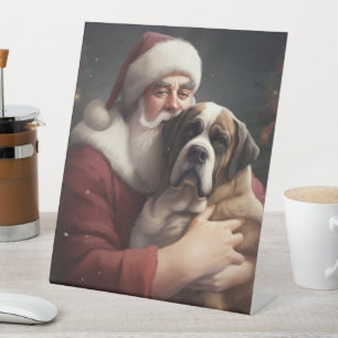 Saint Bernard With Santa Claus Festive Christmas Pedestal Sign