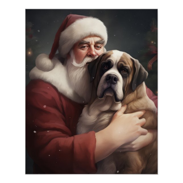 Saint Bernard With Santa Claus Festive Christmas Poster (Front)