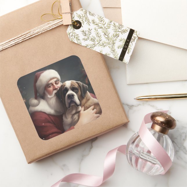 Saint Bernard With Santa Claus Festive Christmas Square Sticker (Gifting)
