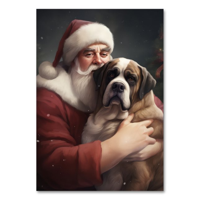 Saint Bernard With Santa Claus Festive Christmas Table Number (Front)