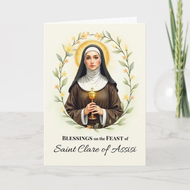 Saint Clare of Assisi Feast Day Blessings Floral Card (Front)