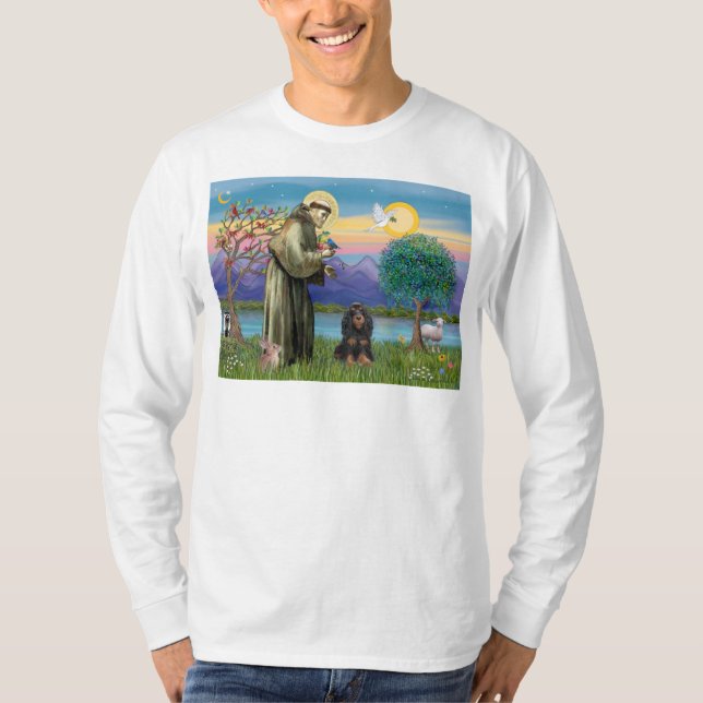 Saint Francis & Black-Tan Cocker Spaniel T-Shirt (Front)