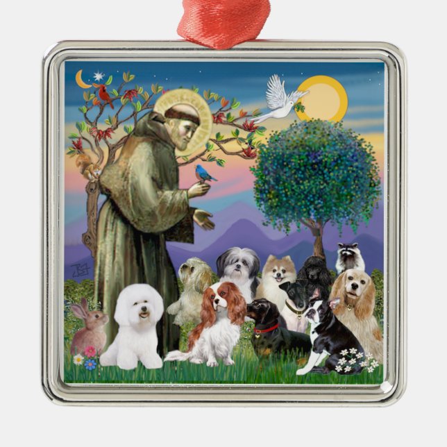 Saint Francis with 10 Dogs Metal Ornament (Front)