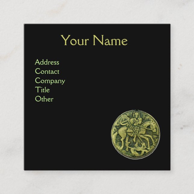 SAINT GEORGE AND DRAGON MEDALLION Monogram,Black Square Business Card (Front)
