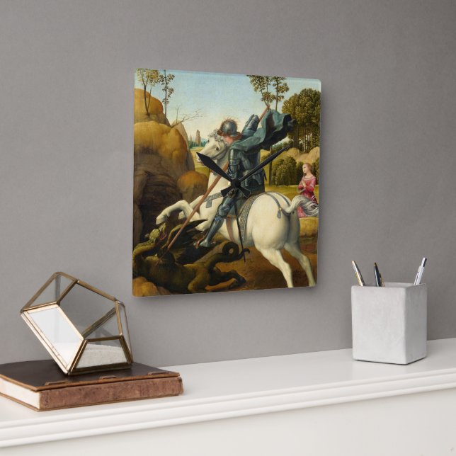 Saint George and the Dragon, 1506 by Raphael Square Wall Clock (Office)