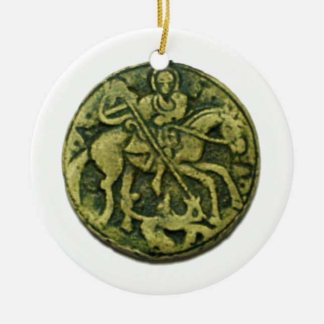 SAINT GEORGE, DRAGON /MADONNA AND CHILD MEDALLION CERAMIC ORNAMENT (Front)