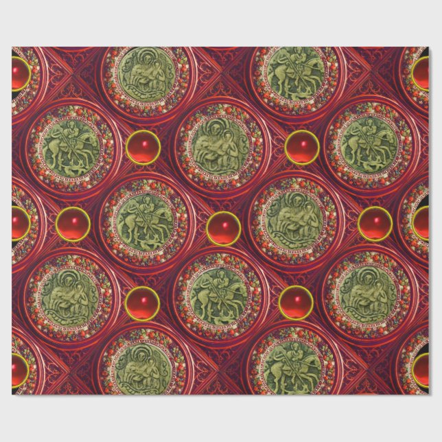 SAINT GEORGE, DRAGON /MADONNA AND CHILD Red Ruby Wrapping Paper (Flat)