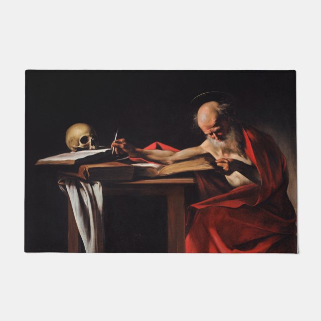 Saint Jerome Writing (by Caravaggio) Doormat (Front)