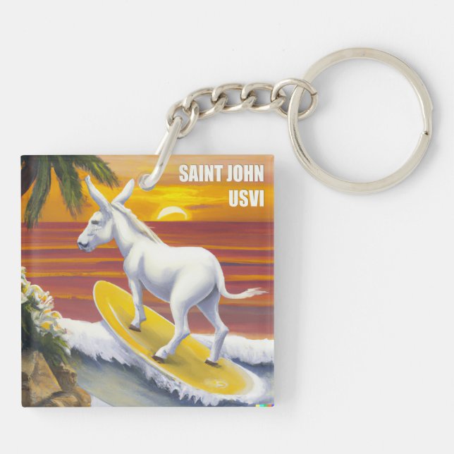 Saint John US Virgin Islands Funny Donkey Surfing Keychain (Back)