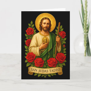Saint Jude Thaddeus Catholic Art With Red Roses Card