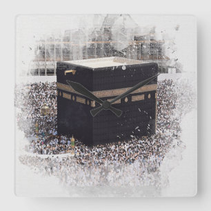 Saint Kaaba, Masjid Al Haram, watercolour illustra Square Wall Clock