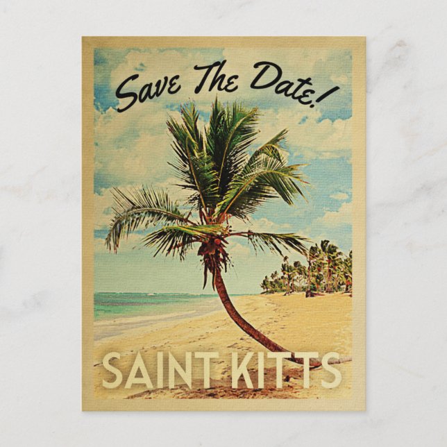 Saint Kitts Save The Date Vintage Beach Palm Tree Announcement Postcard (Front)