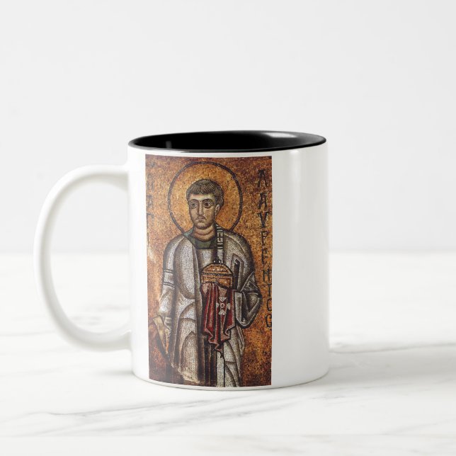 Saint Lawrence Orthodox Mosaic Art Print Two-Tone Coffee Mug (Left)