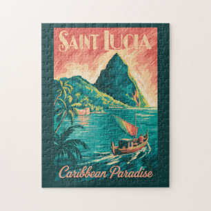 Saint Lucia Boat Illustration Travel Art Vintage Jigsaw Puzzle
