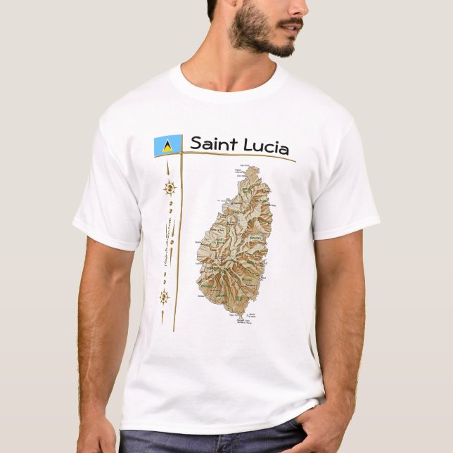 Saint Lucia Map + Flag + Title T-Shirt (Front)